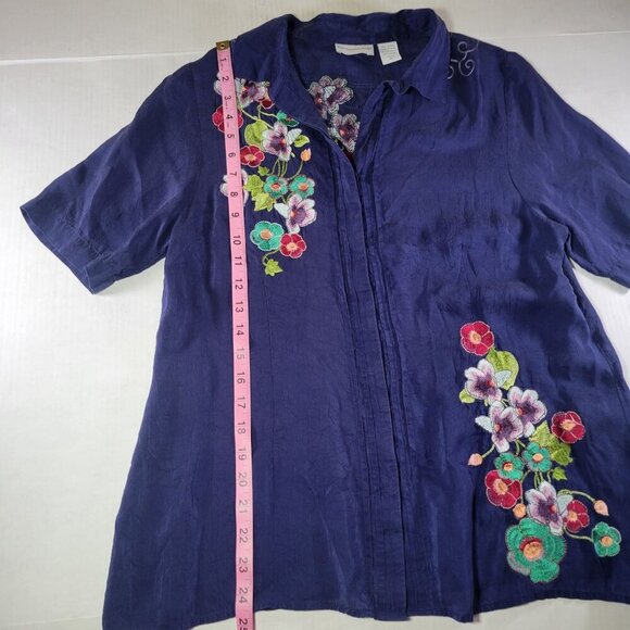 Soft Surroundings Women Purple Embroidered Floral Button-Down Shirt Top Size M - Picture 4 of 11